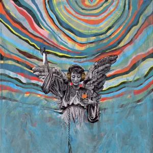 Surreal album artwork for Motion City Soundtrack’s The Same Old Wasted Wonderful World, featuring a grayscale stone angel statue wearing headphones and holding a single orange rose. One wing is raised, the other tucked, as the figure emerges from a swirling sea of blue brushstrokes. Above, vivid, multicolored concentric waves radiate outward in psychedelic rings, creating a dreamlike, otherworldly atmosphere. Album set to release September 19 via Epitaph Records.